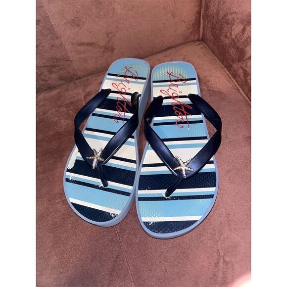 Brighton Women's Size 8 Navy Wedge Flip Flops Starfish Adornment - Picture 2 of 7